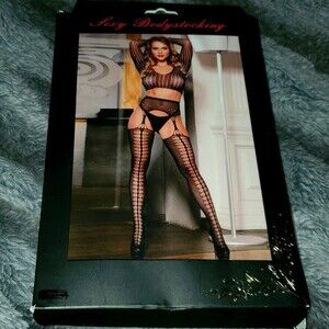 Sexy black bodystocking set Fishnet stretch‎ stripper garters hot bondage Club